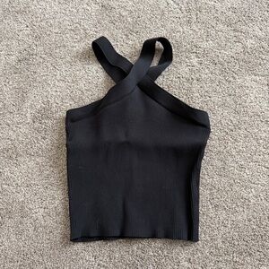 Forever 21 Black Ribbed Cross Neck Crop Top Size Medium